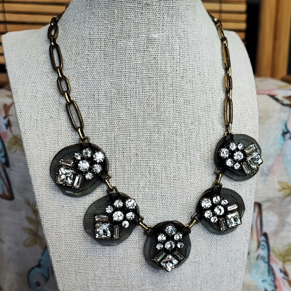 Transparent Acrylic Smoke Clear Rhinestone Oxidized Brass Statement Necklace - Picture 13 of 13